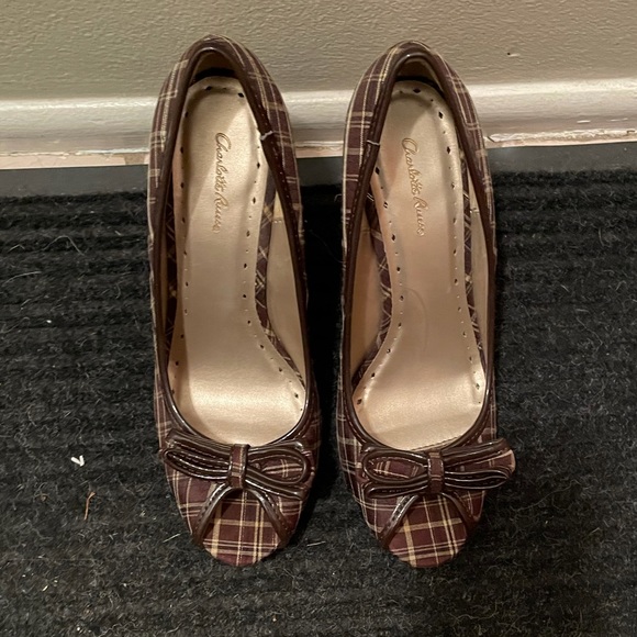 Brown Plaid Peep-Toe Pumps - Picture 3 of 5